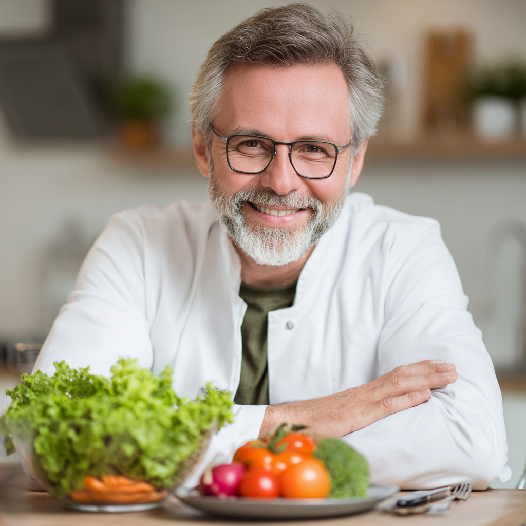 Középkorú magyar szakember tanácsot ad egészséges táplálkozásról